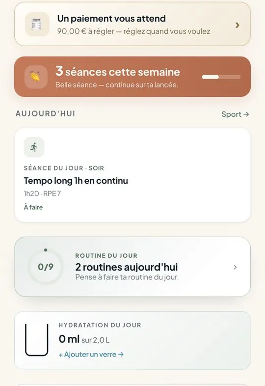 Accueil de l'app côté sportif : ses séances de la semaine, la séance du jour et ses routines.