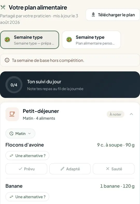 Plan alimentaire partagé par le praticien, repas par repas, avec prévu, adapté ou sauté.