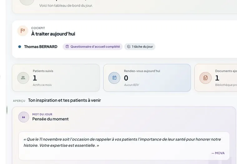 Tableau de bord du pro : la file « À traiter aujourd'hui », les compteurs de suivis et le mot du jour.