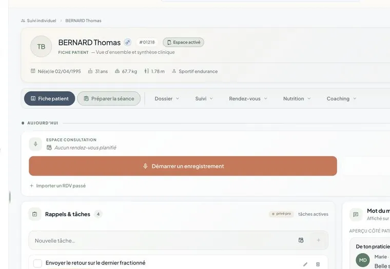 Fiche de suivi d'un patient et sa navigation groupée : Dossier, Suivi, Rendez-vous, Nutrition, Coaching.