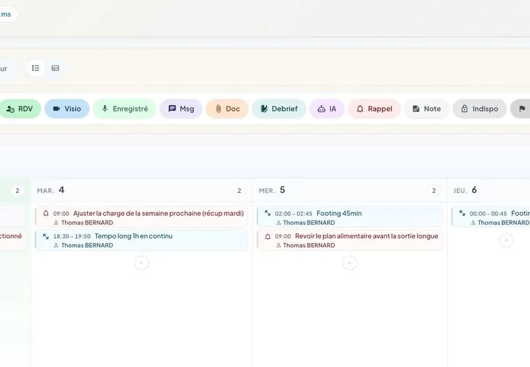 Planning de la semaine : rendez-vous, visio, documents, débriefs et rappels, chacun avec sa couleur.